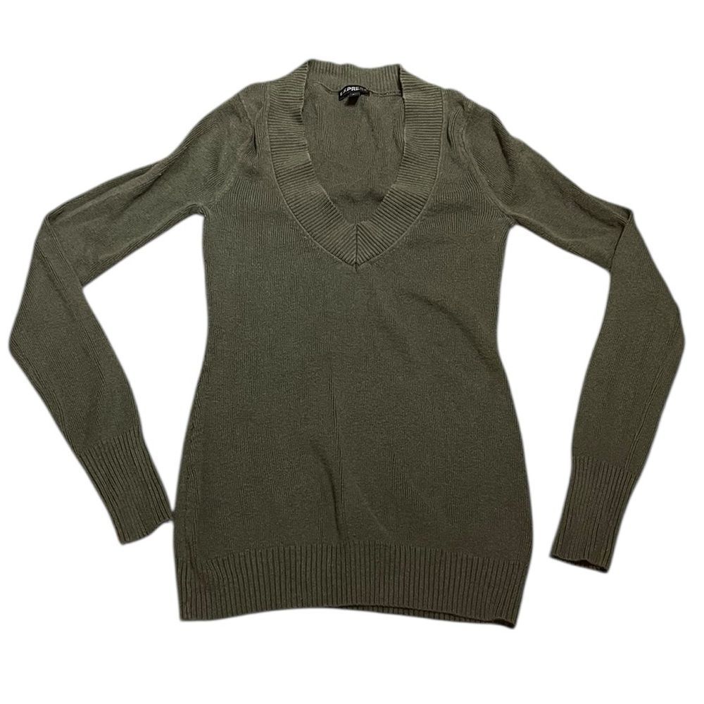 Express Olive Green Long Sleeve V-Neck Sweater,‎ Size S